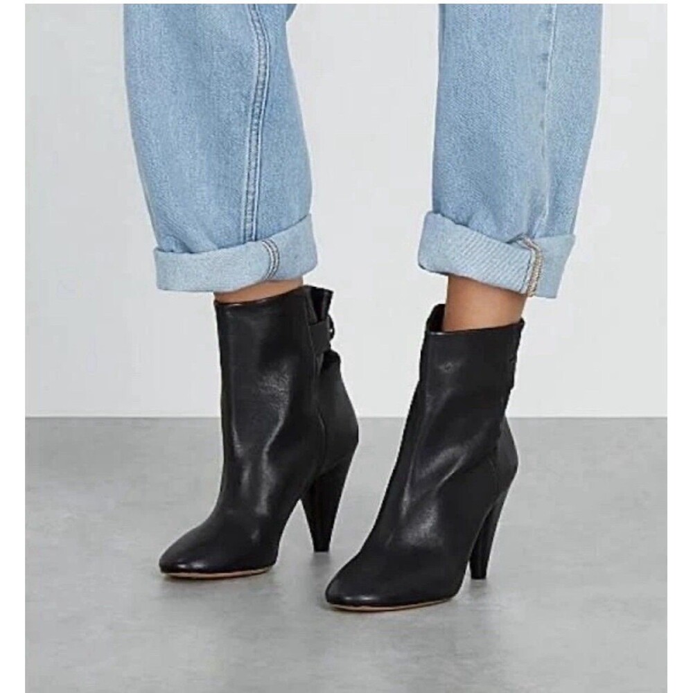 Isabel Marant Lystal Black Leather Ankle Boots Ruffled Paperbag Cone Heel 38